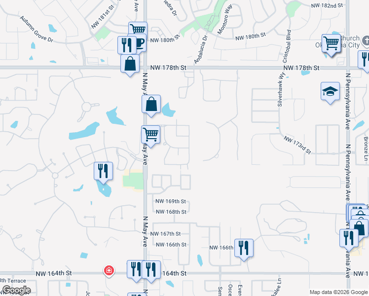 map of restaurants, bars, coffee shops, grocery stores, and more near 2312 Northwest 172nd Street in Edmond