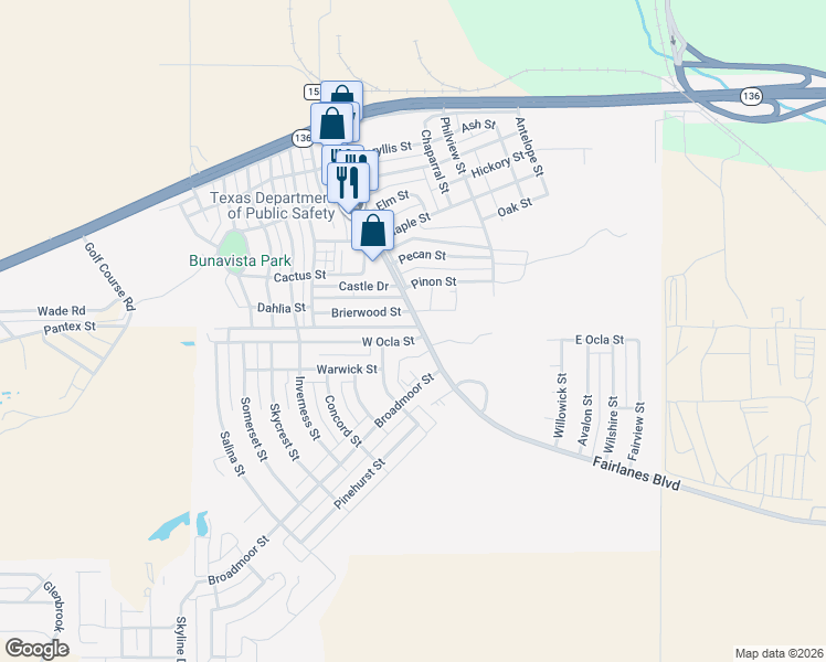 map of restaurants, bars, coffee shops, grocery stores, and more near Fairlanes Boulevard in Borger