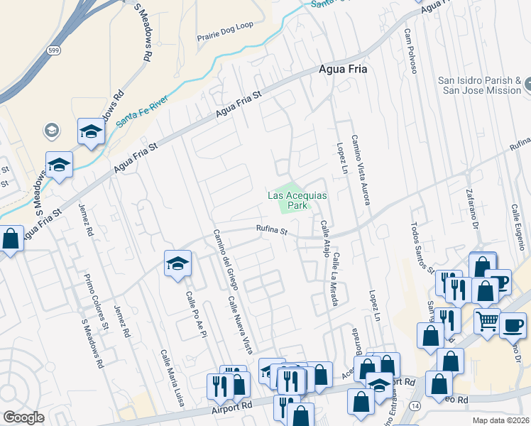 map of restaurants, bars, coffee shops, grocery stores, and more near 2960 Lois Lane in Santa Fe