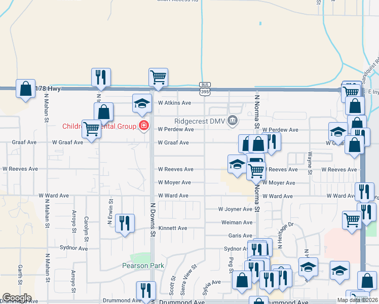 map of restaurants, bars, coffee shops, grocery stores, and more near 718 West Bennett Street in Ridgecrest