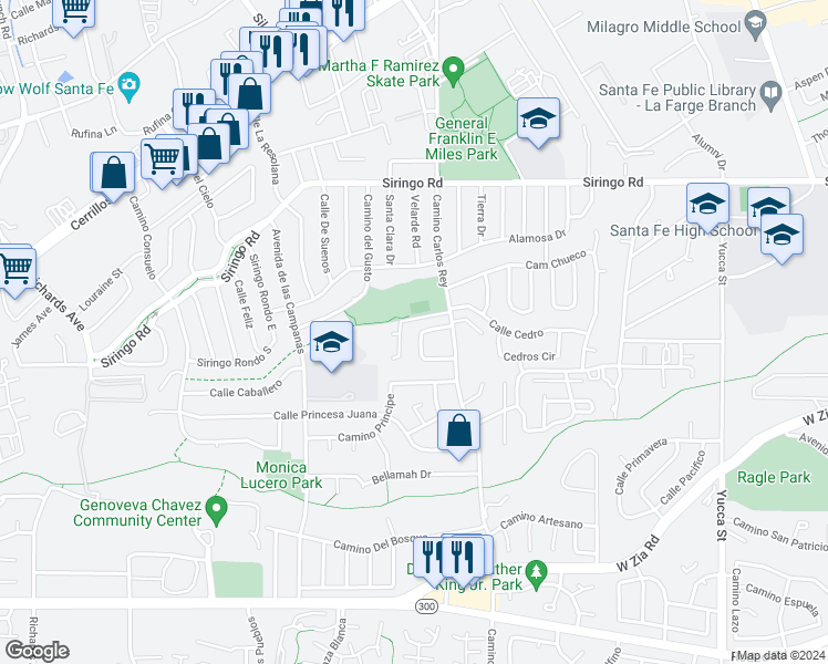 map of restaurants, bars, coffee shops, grocery stores, and more near 2828 Vereda de Pueblo in Santa Fe