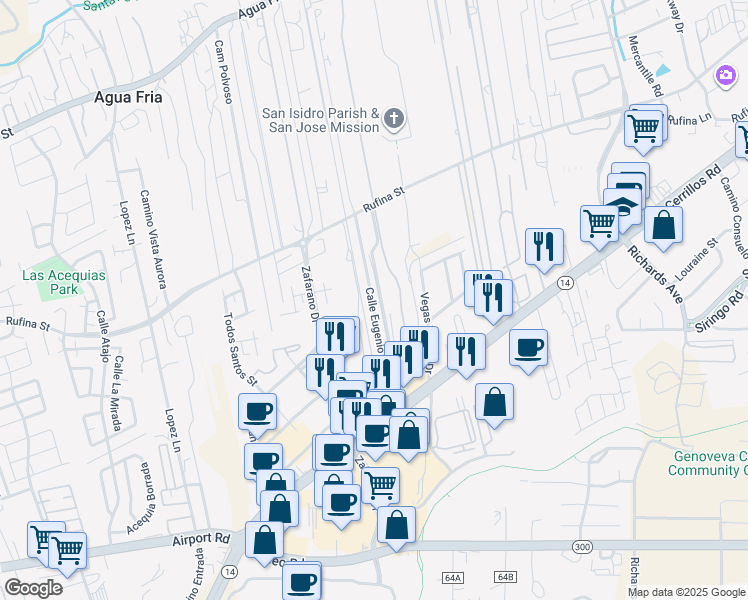 map of restaurants, bars, coffee shops, grocery stores, and more near 2889 Calle De Saiz in Santa Fe