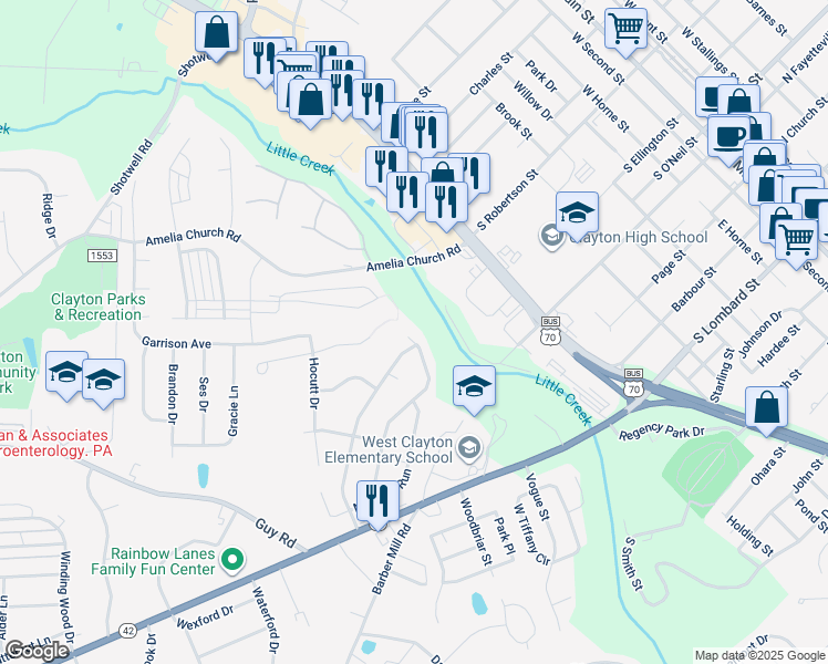 map of restaurants, bars, coffee shops, grocery stores, and more near 58 Sleepy Creek Drive in Clayton