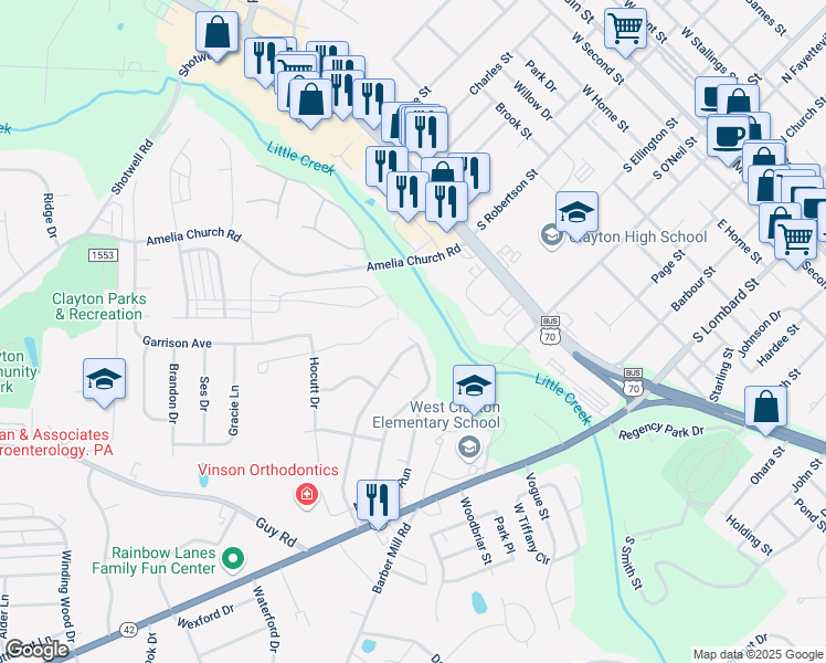 map of restaurants, bars, coffee shops, grocery stores, and more near 58 Sleepy Creek Drive in Clayton