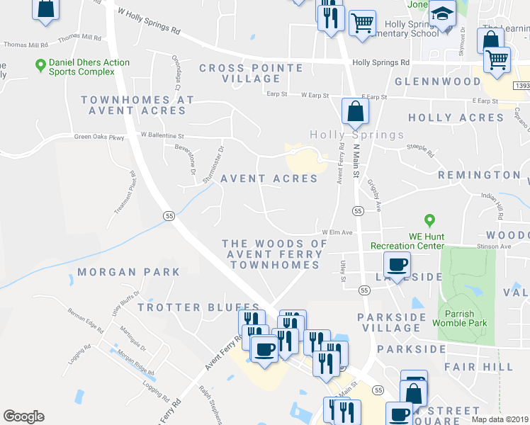 map of restaurants, bars, coffee shops, grocery stores, and more near 399 Cottonwood Lane in Holly Springs
