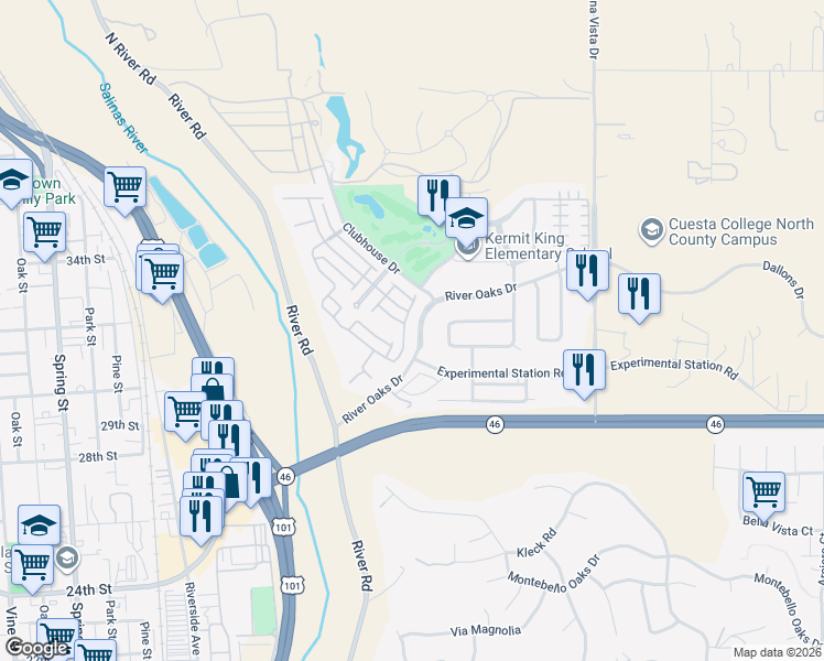 map of restaurants, bars, coffee shops, grocery stores, and more near 2757 Traditions Loop in Paso Robles
