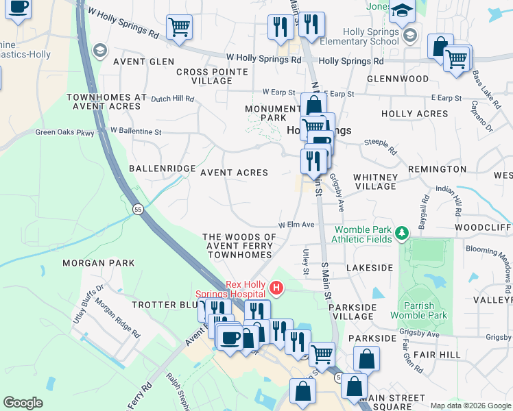 map of restaurants, bars, coffee shops, grocery stores, and more near 301 Cottonwood Lane in Holly Springs