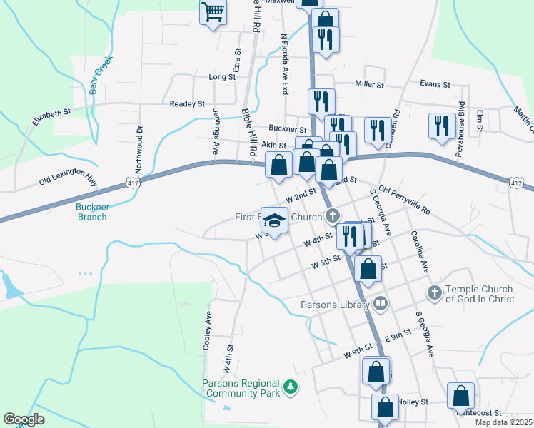 map of restaurants, bars, coffee shops, grocery stores, and more near 201 West 2nd Street in Parsons