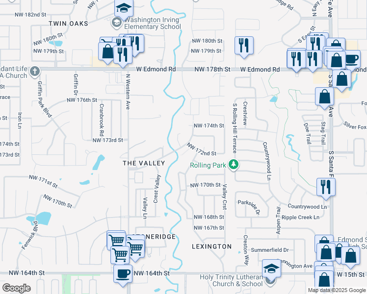 map of restaurants, bars, coffee shops, grocery stores, and more near 704a Northwest 172nd Street in Edmond