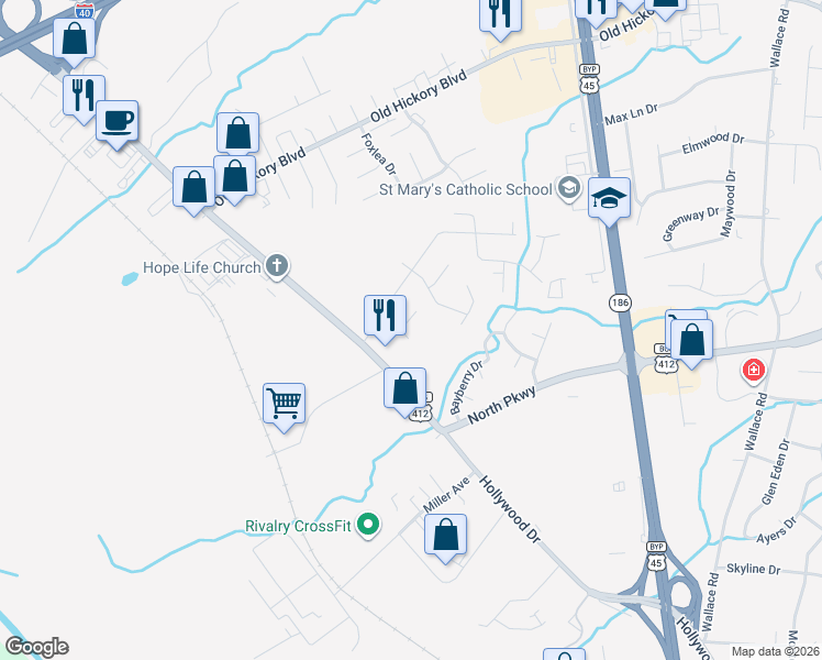 map of restaurants, bars, coffee shops, grocery stores, and more near 8 Shadow Cove in Jackson