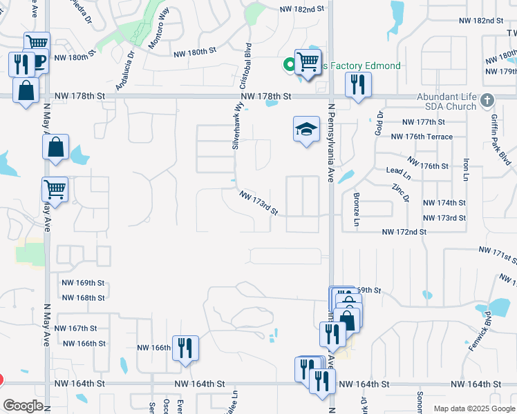 map of restaurants, bars, coffee shops, grocery stores, and more near 2312 Northwest 173rd Street in Edmond