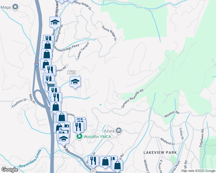 map of restaurants, bars, coffee shops, grocery stores, and more near 64 Points West Drive in Woodfin