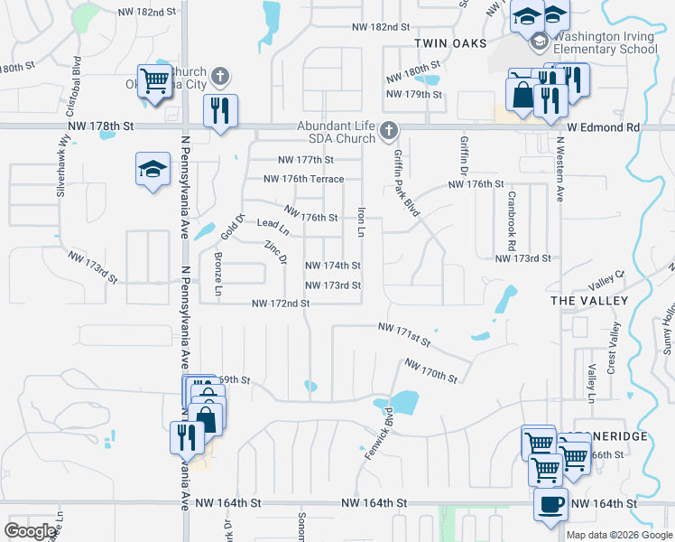 map of restaurants, bars, coffee shops, grocery stores, and more near 1716 Northwest 174th Street in Edmond