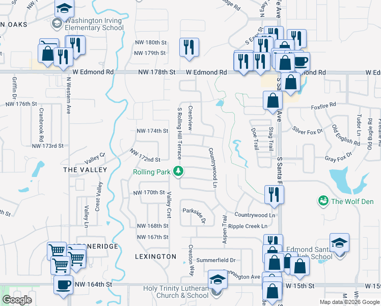 map of restaurants, bars, coffee shops, grocery stores, and more near 2829 Morgan Trail in Edmond