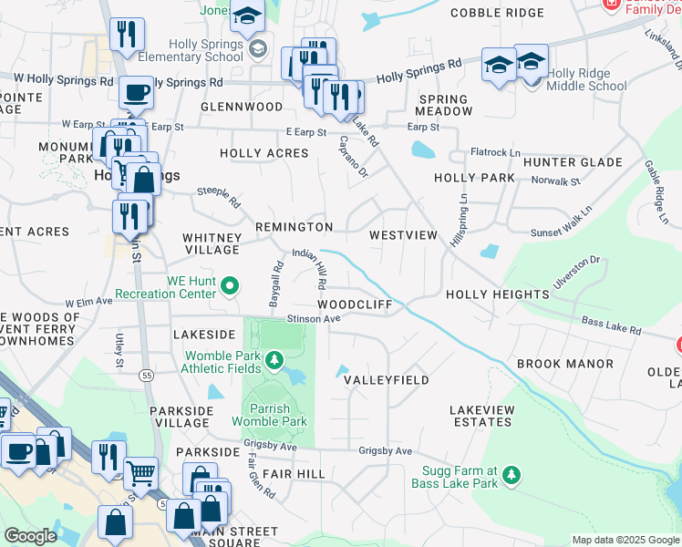 map of restaurants, bars, coffee shops, grocery stores, and more near 109 Newhouse Court in Holly Springs