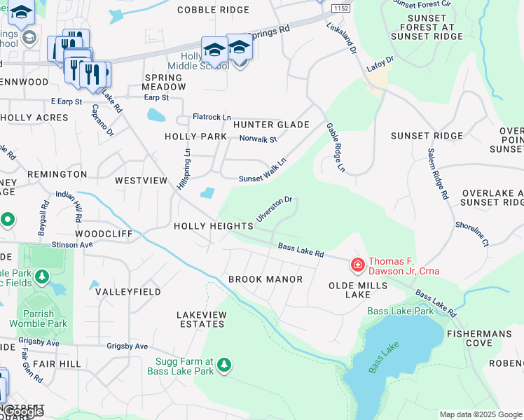 map of restaurants, bars, coffee shops, grocery stores, and more near 117 Ulverston Drive in Holly Springs