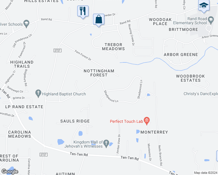 map of restaurants, bars, coffee shops, grocery stores, and more near 1124 Shadywood Lane in Raleigh