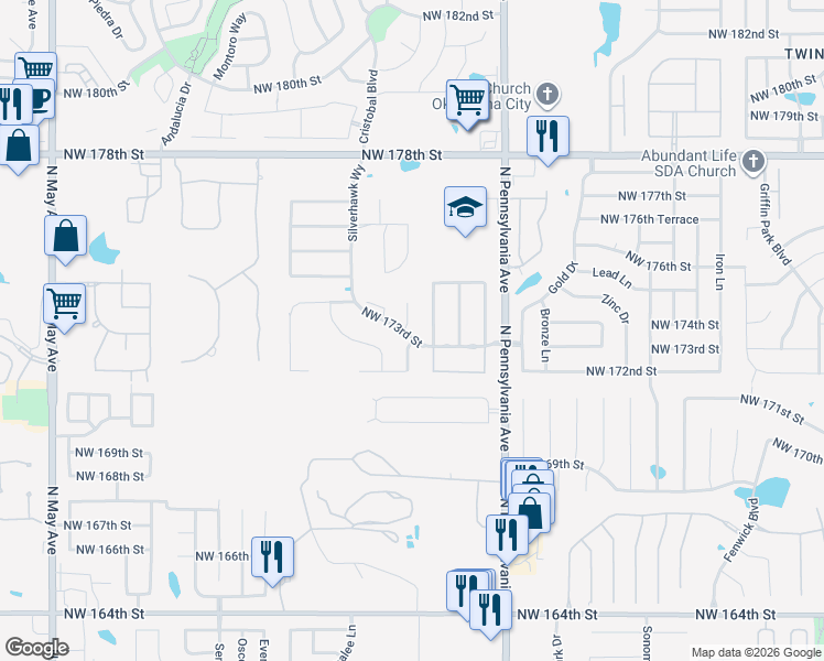 map of restaurants, bars, coffee shops, grocery stores, and more near 17400 Marsh Hawk Court in Edmond