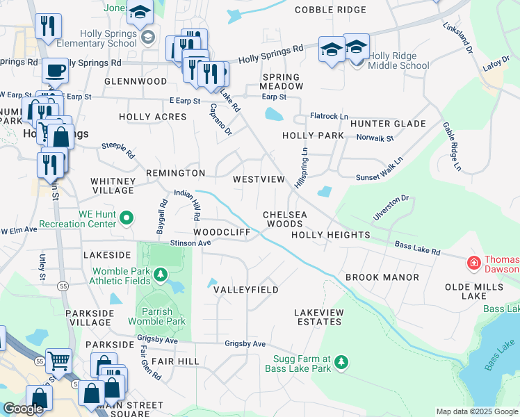 map of restaurants, bars, coffee shops, grocery stores, and more near 141 Holly Mountain Road in Holly Springs