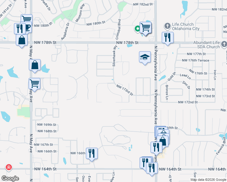 map of restaurants, bars, coffee shops, grocery stores, and more near 17336 Shadow Hawk Lane in Edmond