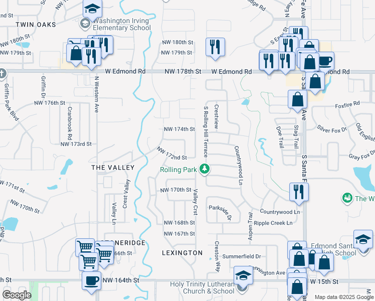 map of restaurants, bars, coffee shops, grocery stores, and more near 17308 Cedarwood Drive in Edmond