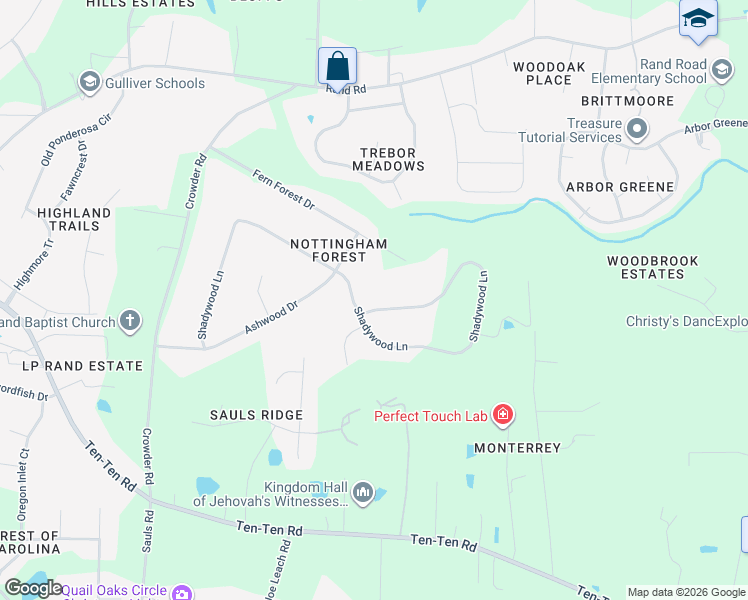 map of restaurants, bars, coffee shops, grocery stores, and more near 1124 Shadywood Lane in Raleigh