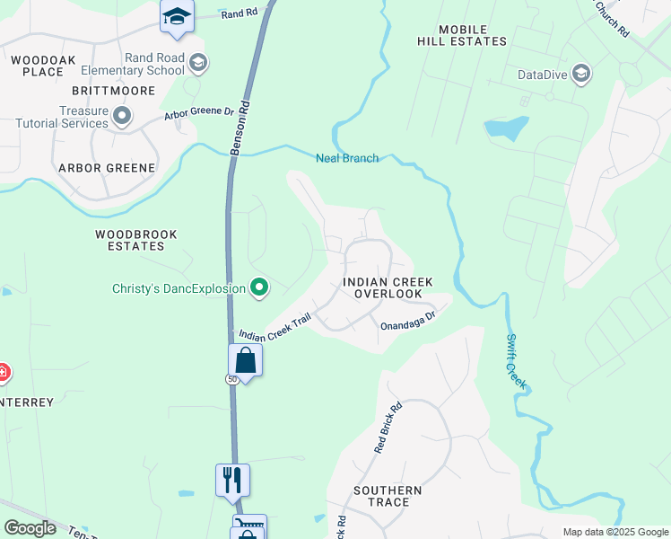 map of restaurants, bars, coffee shops, grocery stores, and more near 4804 Tonto Lane in Garner