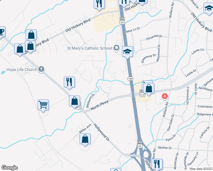 map of restaurants, bars, coffee shops, grocery stores, and more near 128 Skyhaven Drive in Jackson