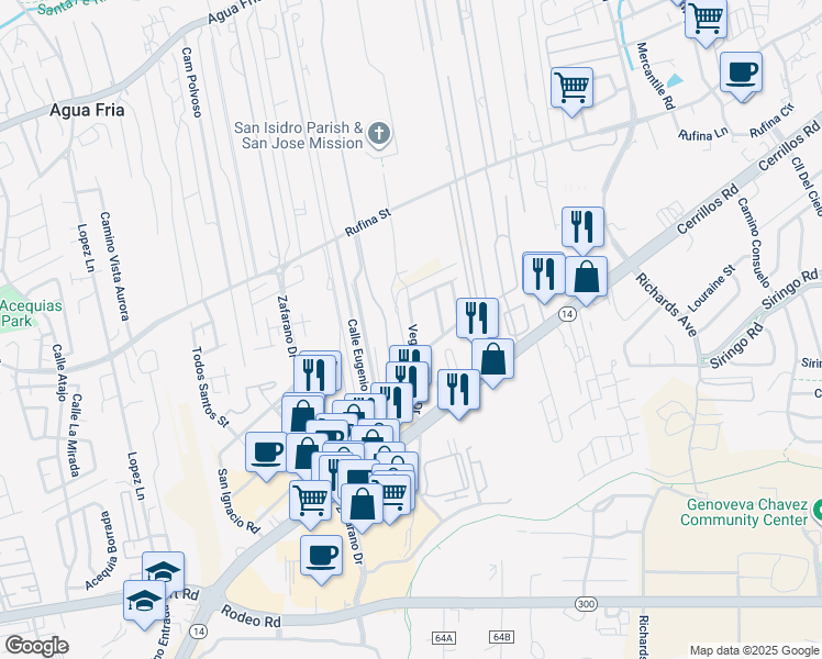 map of restaurants, bars, coffee shops, grocery stores, and more near 1200 Vegas Verdes Drive in Santa Fe