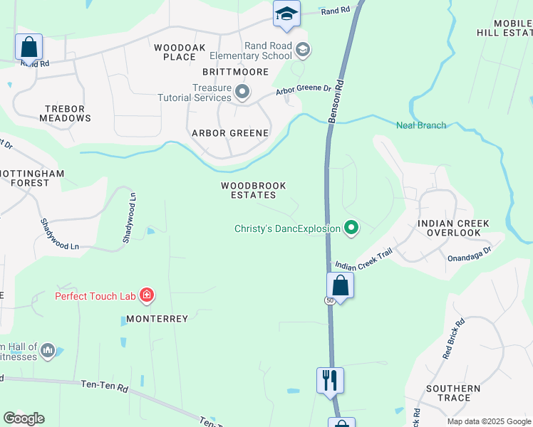 map of restaurants, bars, coffee shops, grocery stores, and more near 1120 Woodbrook Way in Garner