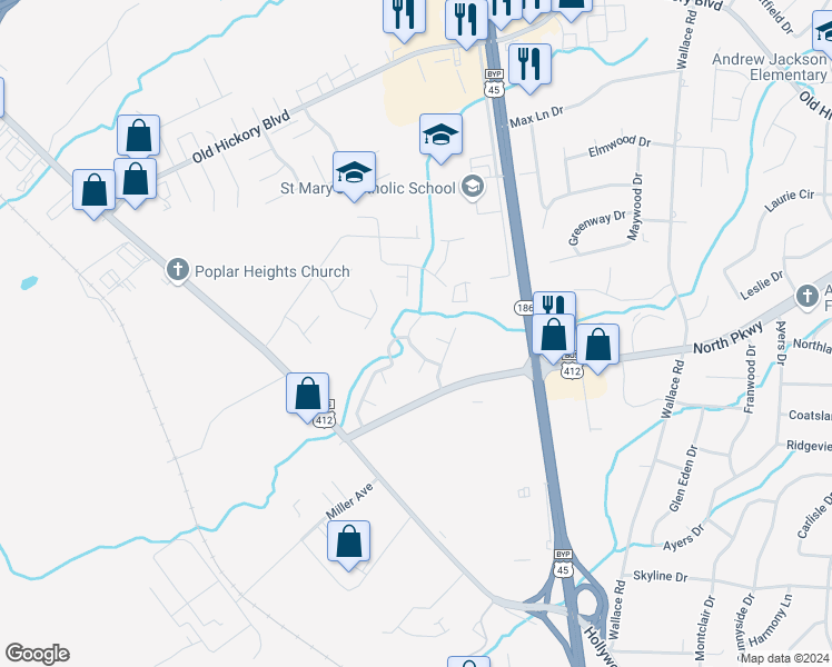 map of restaurants, bars, coffee shops, grocery stores, and more near 128 Skyhaven Drive in Jackson