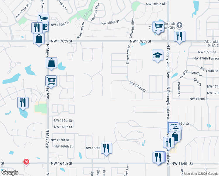 map of restaurants, bars, coffee shops, grocery stores, and more near 17333 Sparrowhawk Lane in Edmond