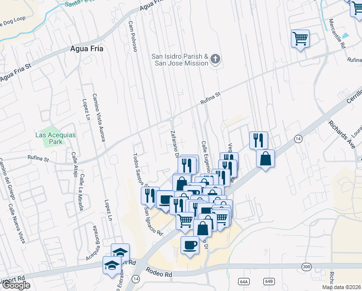 map of restaurants, bars, coffee shops, grocery stores, and more near 4362 San Benito Street in Santa Fe