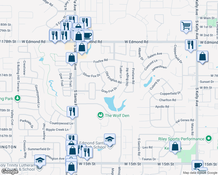 map of restaurants, bars, coffee shops, grocery stores, and more near 709 Gray Fox Run in Edmond