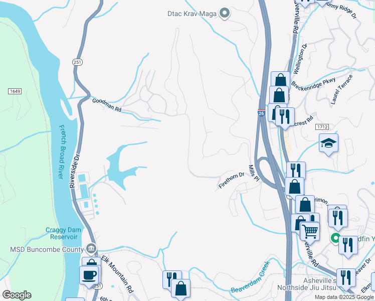 map of restaurants, bars, coffee shops, grocery stores, and more near 26 Altura Parkway in Woodfin