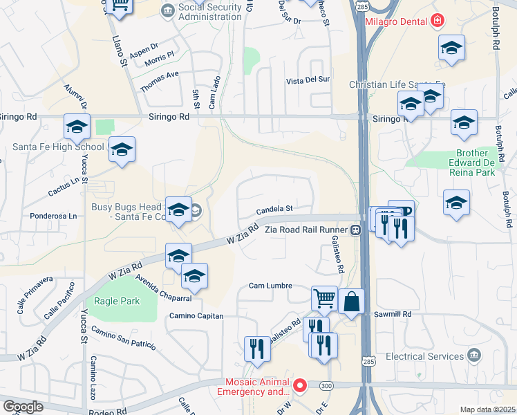 map of restaurants, bars, coffee shops, grocery stores, and more near 1889 Candela Street in Santa Fe
