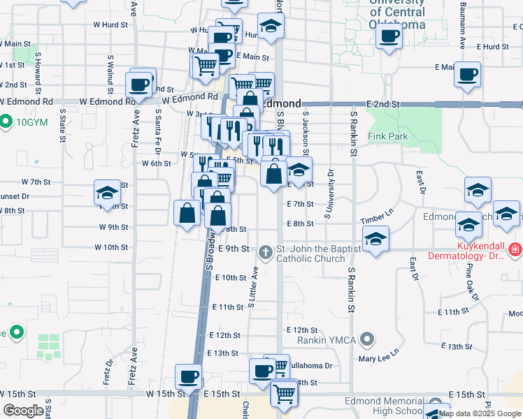 map of restaurants, bars, coffee shops, grocery stores, and more near 722 South Littler Avenue in Edmond