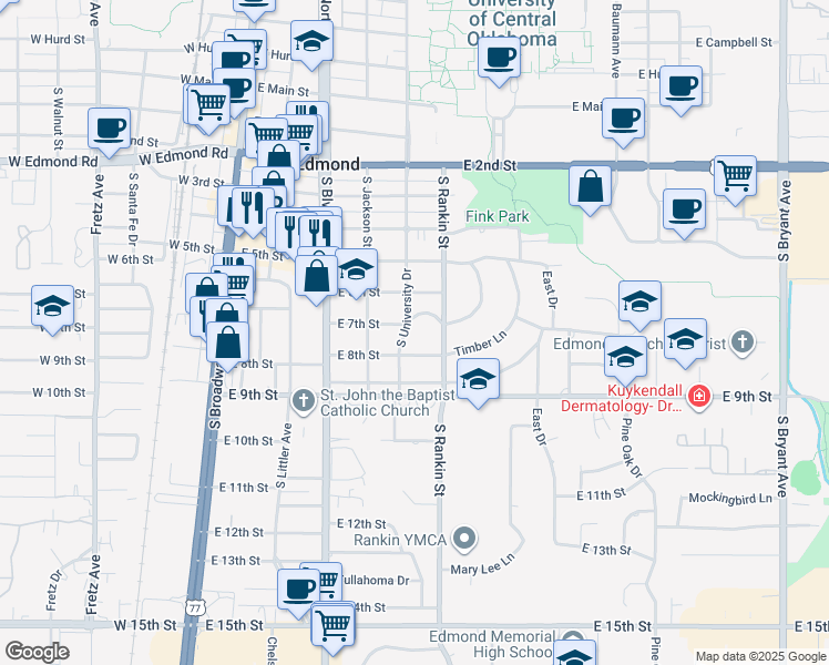 map of restaurants, bars, coffee shops, grocery stores, and more near 704 South University Drive in Edmond