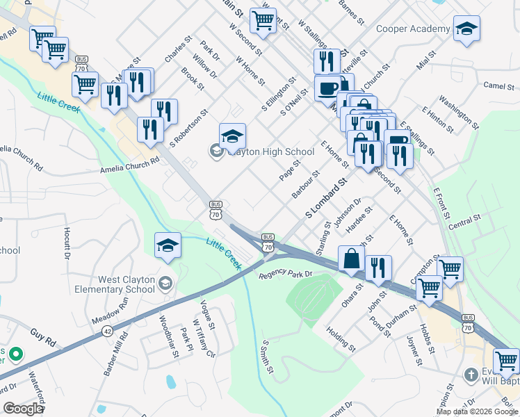 map of restaurants, bars, coffee shops, grocery stores, and more near 611 Page St in Clayton