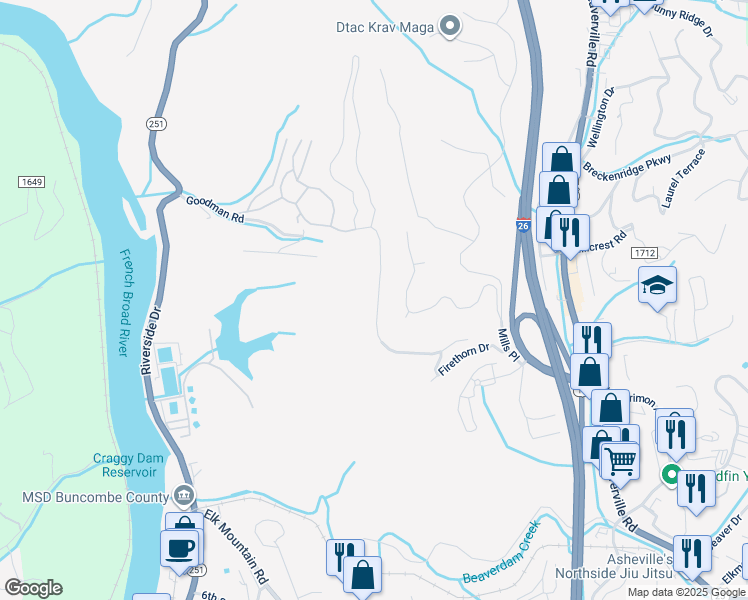 map of restaurants, bars, coffee shops, grocery stores, and more near 26 Altura Parkway in Woodfin