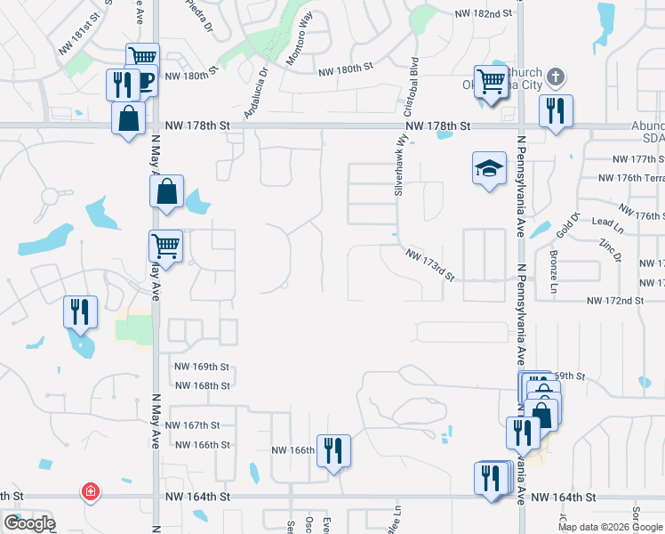 map of restaurants, bars, coffee shops, grocery stores, and more near 17333 Sparrowhawk Lane in Edmond