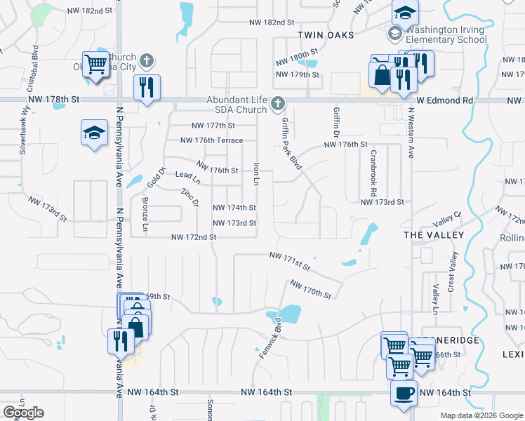 map of restaurants, bars, coffee shops, grocery stores, and more near 17413 Melville Lane in Edmond