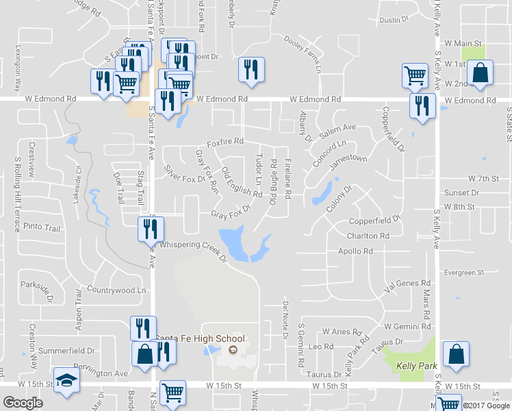 map of restaurants, bars, coffee shops, grocery stores, and more near 1800 Gray Fox Drive in Edmond