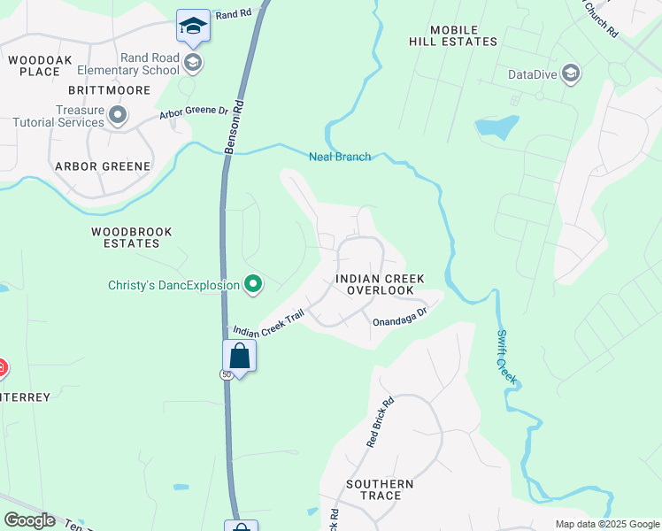 map of restaurants, bars, coffee shops, grocery stores, and more near Tonto Lane in Garner