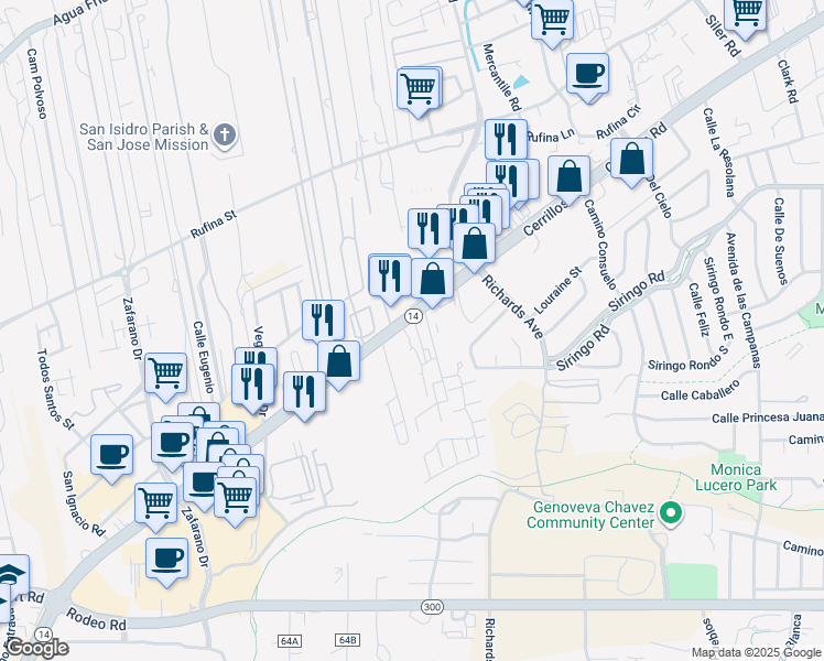 map of restaurants, bars, coffee shops, grocery stores, and more near 3360 Cerrillos Road in Santa Fe