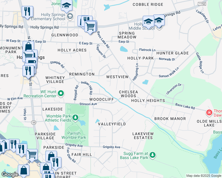 map of restaurants, bars, coffee shops, grocery stores, and more near 317 Adelaide Road in Holly Springs