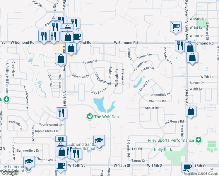 map of restaurants, bars, coffee shops, grocery stores, and more near 1800 Gray Fox Drive in Edmond