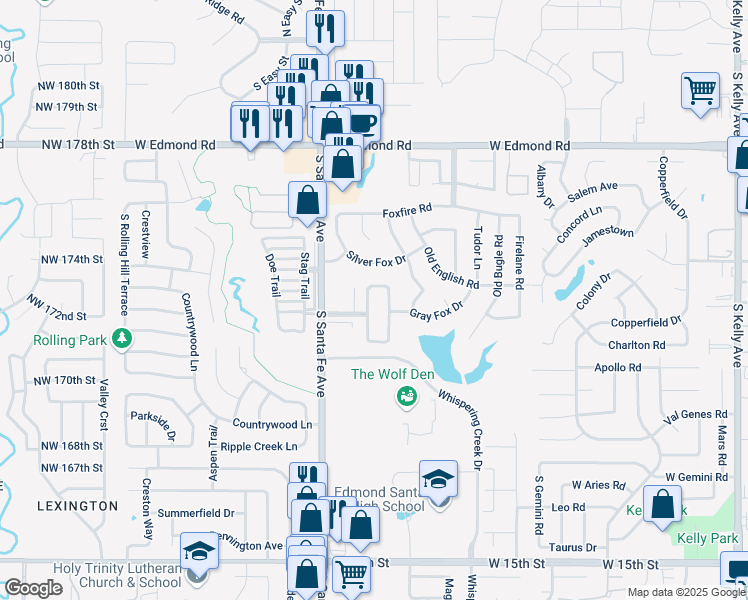 map of restaurants, bars, coffee shops, grocery stores, and more near 716 Pacific Grove Drive in Edmond