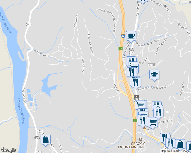 map of restaurants, bars, coffee shops, grocery stores, and more near 27 Audubon Drive in Asheville
