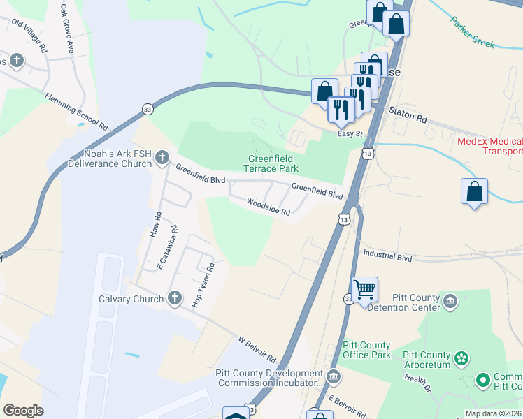 map of restaurants, bars, coffee shops, grocery stores, and more near 207 Woodside Road in Greenville
